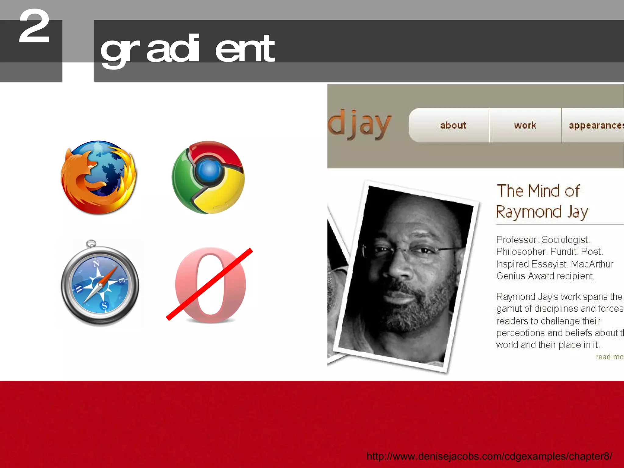 gradient 2. http://www.denisejacobs.com/cdgexamples/chapter8/ 