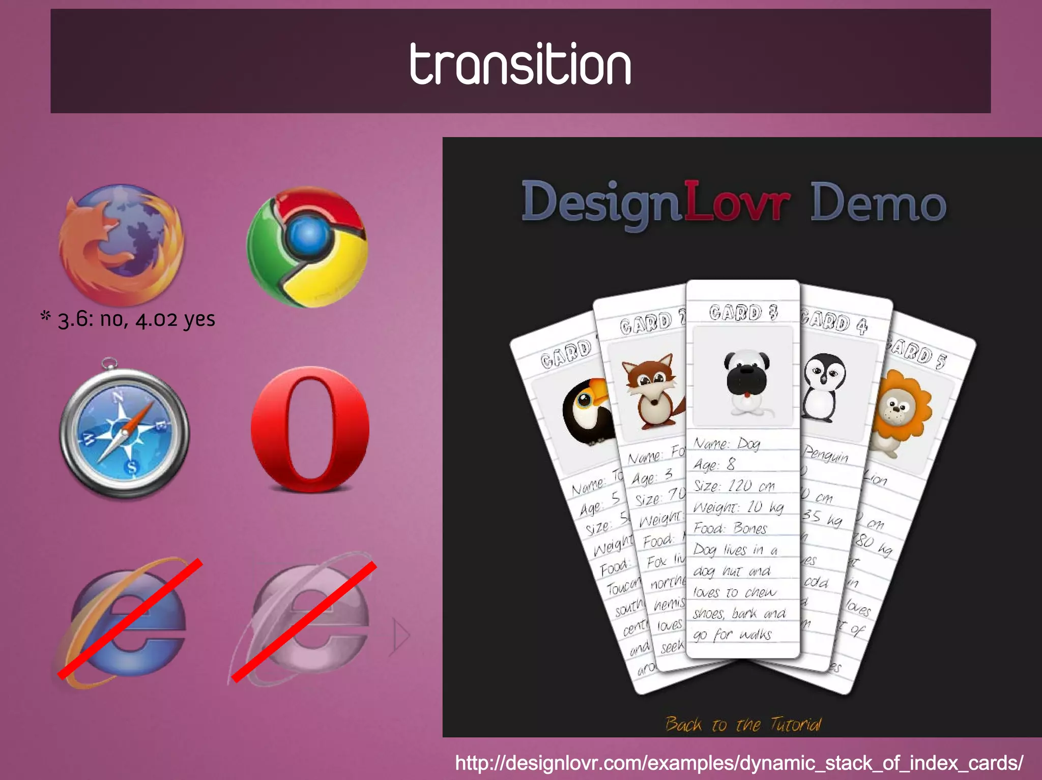transition


* 3.6: no, 4.02 yes




                        http://designlovr.com/examples/dynamic_stack_of_index_cards/
 