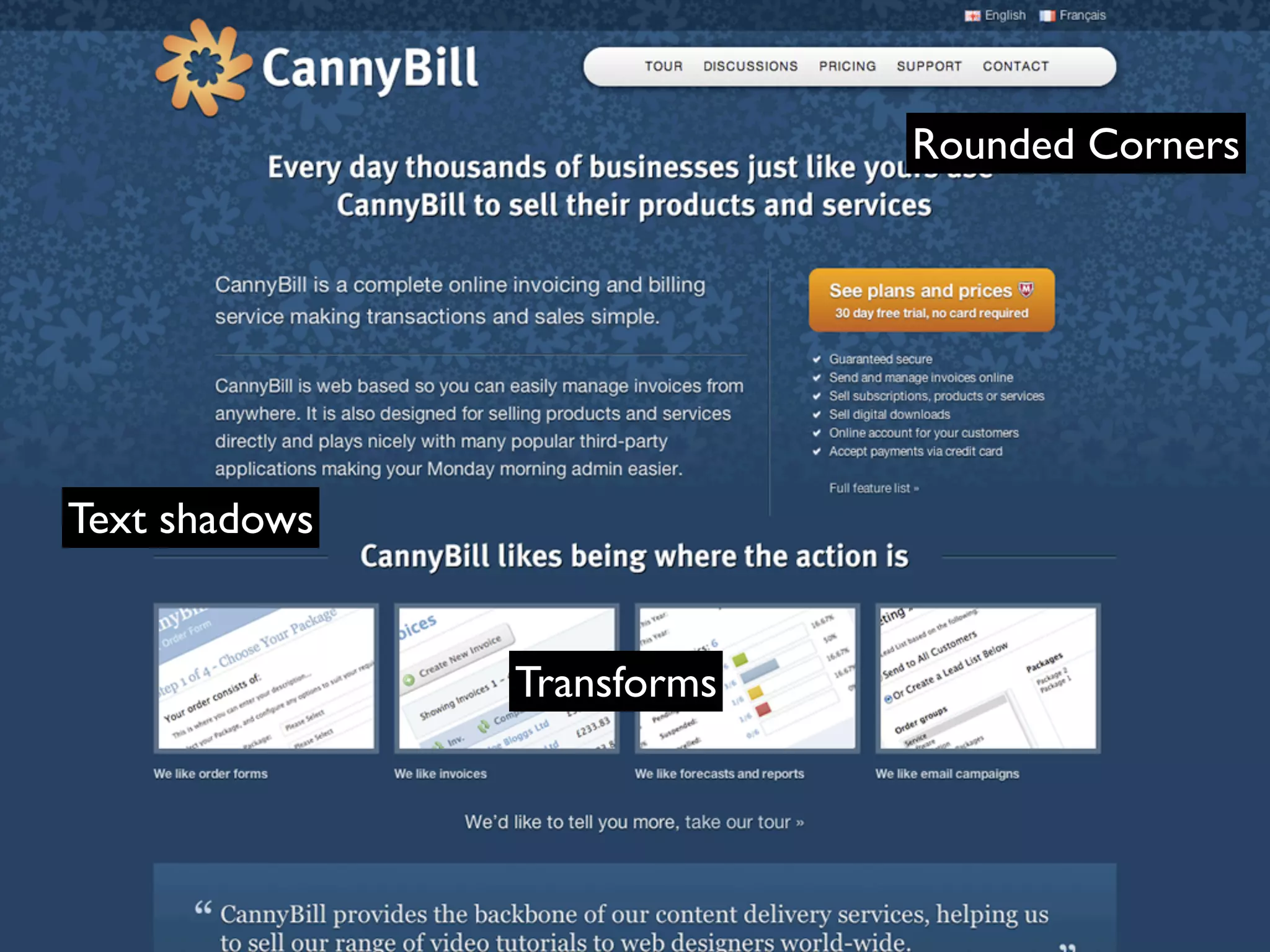 Rounded Corners
Text shadows
Transforms
 