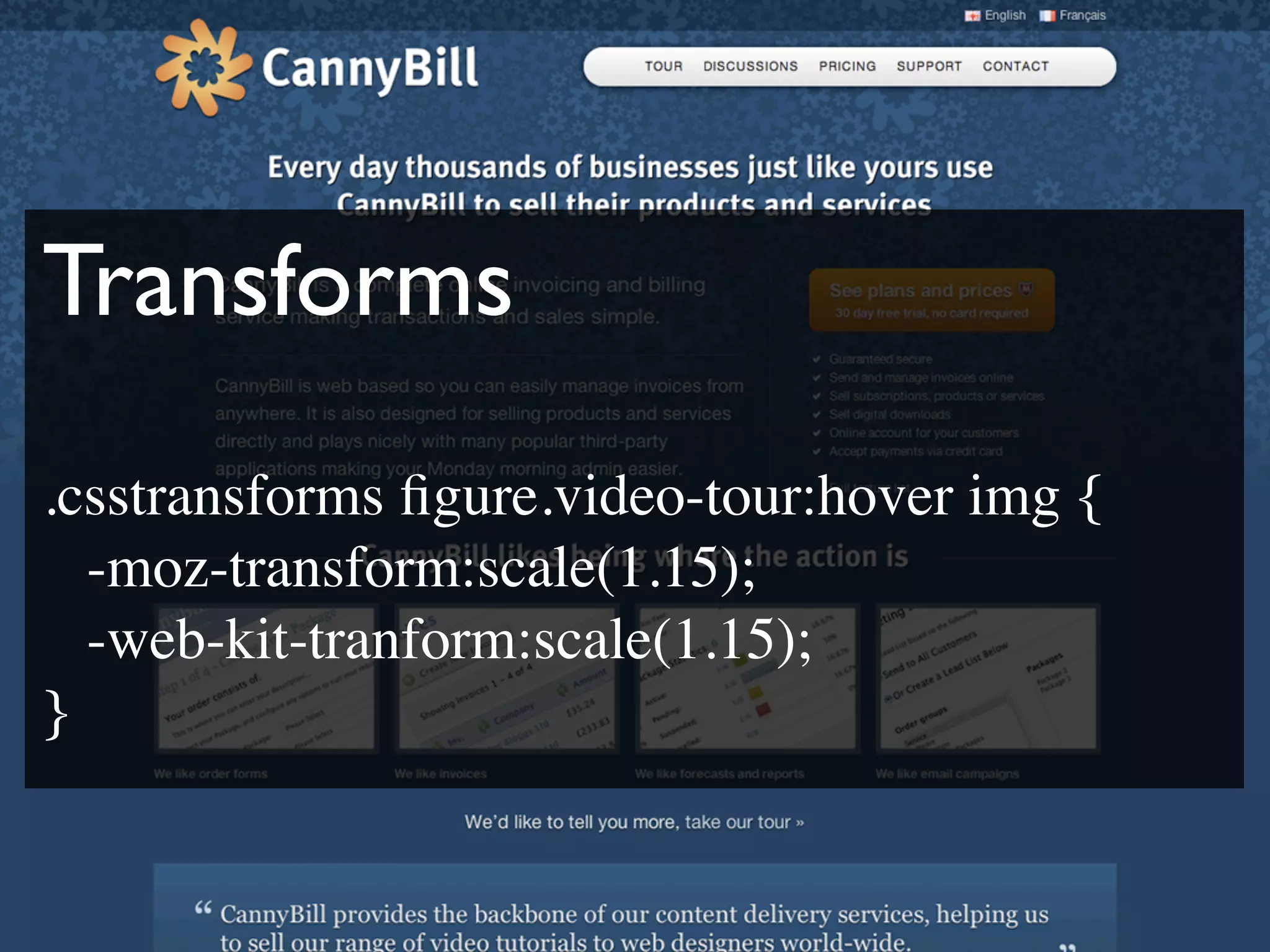 Transforms
.csstransforms ﬁgure.video-tour:hover img {

 -moz-transform:scale(1.15);

 -web-kit-tranform:scale(1.15);
}
 