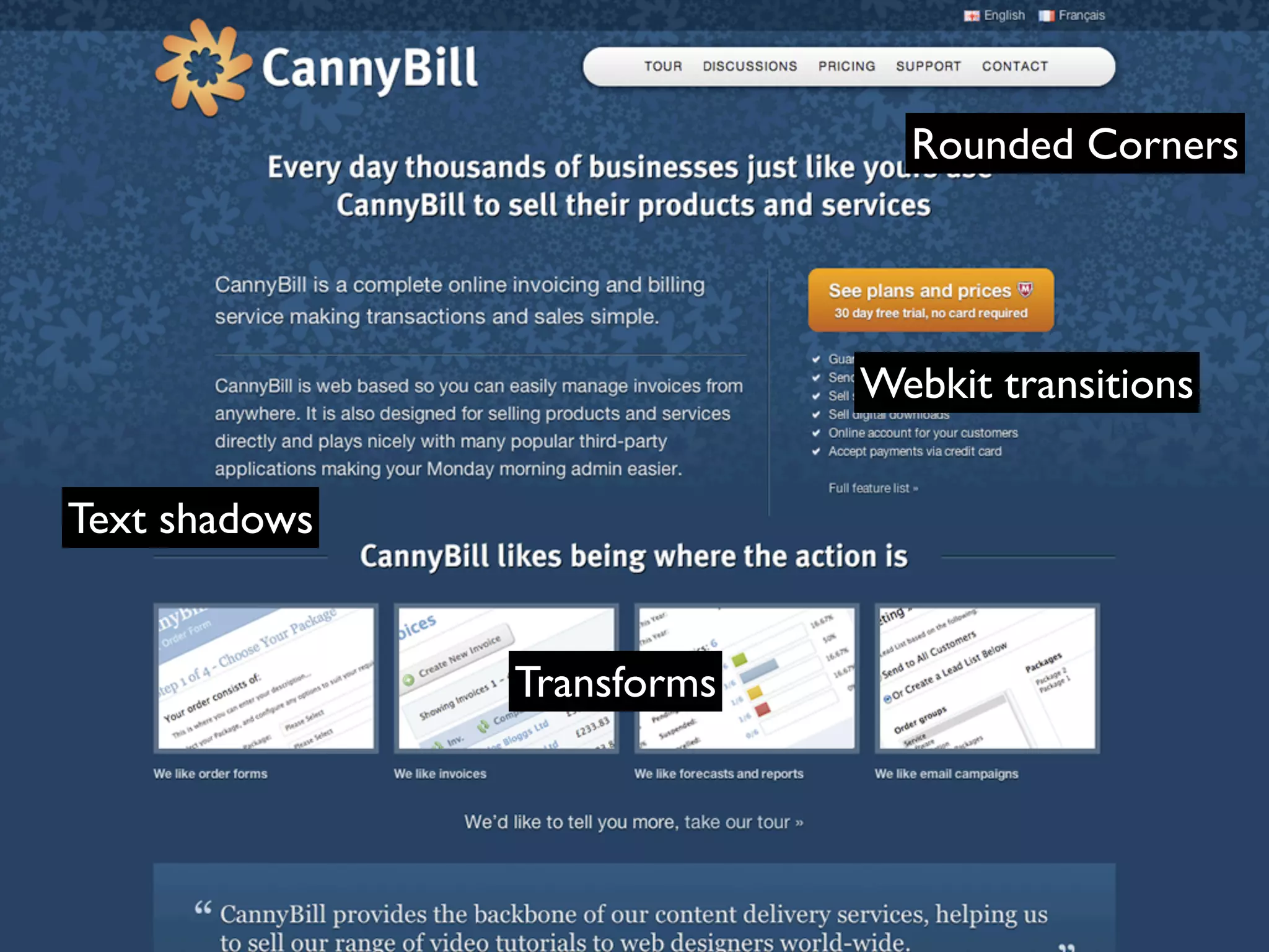 Rounded Corners




                            Webkit transitions


Text shadows


               Transforms
 