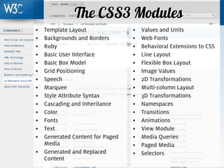 The CSS3 Modules
     • Template Layout               •   Values and Units
     • Backgrounds and Borders       •   Web Fonts
     • Ruby                          •   Behavioral Extensions to CSS
     • Basic User Interface          •   Line Layout
     • Basic Box Model               •   Flexible Box Layout
     • Grid Positioning              •   Image Values
     • Speech                        •   2D Transformations
     • Marquee                       •   Multi-column Layout
     • Style Attribute Syntax        •   3D Transformations
     • Cascading and Inheritance     •   Namespaces
     • Color                         •   Transitions
     • Fonts                         •   Animations
     • Text                          •   View Module
     • Generated Content for Paged   •   Media Queries
       Media                         •   Paged Media
     • Generated and Replaced        •   Selectors
       Content
44
 