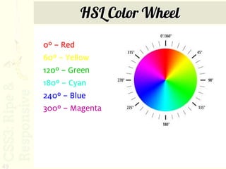 HSL Color Wheel
     0º – Red
     60º – Yellow
     120º – Green
     180º – Cyan
     240º – Blue
     300º – Magenta




49
 