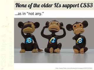 None of the older IEs support CSS3
     …as in “not any.”




            6            7                                  8



56                           http://www.flickr.com/photos/johnsnape/4258191545/
 