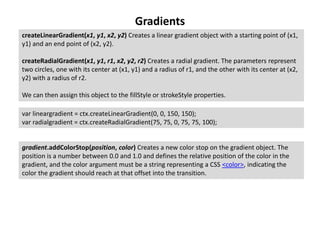 Gradients
createLinearGradient(x1, y1, x2, y2) Creates a linear gradient object with a starting point of (x1,
y1) and an e...