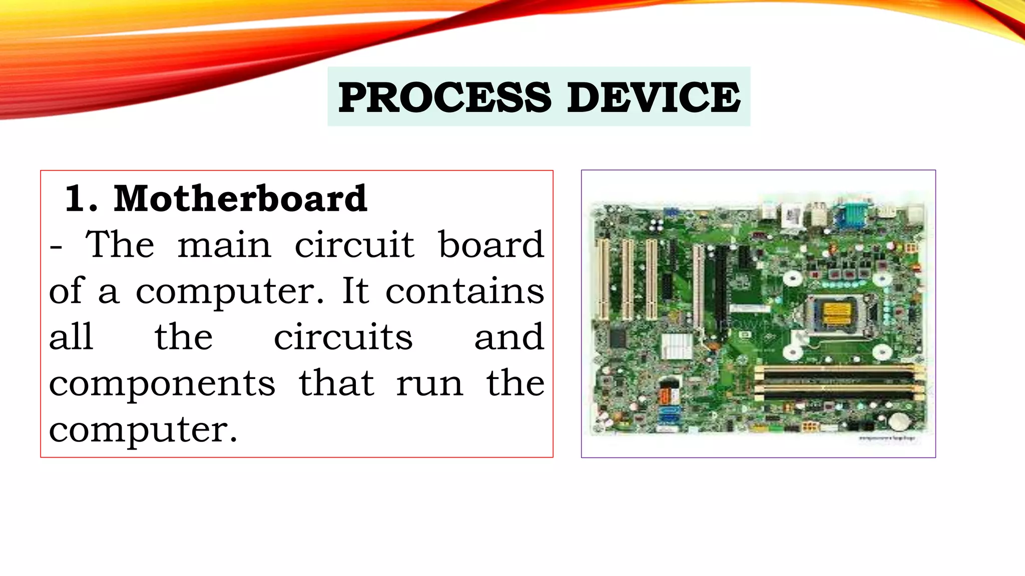 1. Motherboard
- The main circuit board
of a computer. It contains
all the circuits and
components that run the
computer.
 