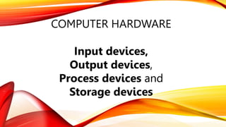 COMPUTER HARDWARE
Input devices,
Output devices,
Process devices and
Storage devices
 