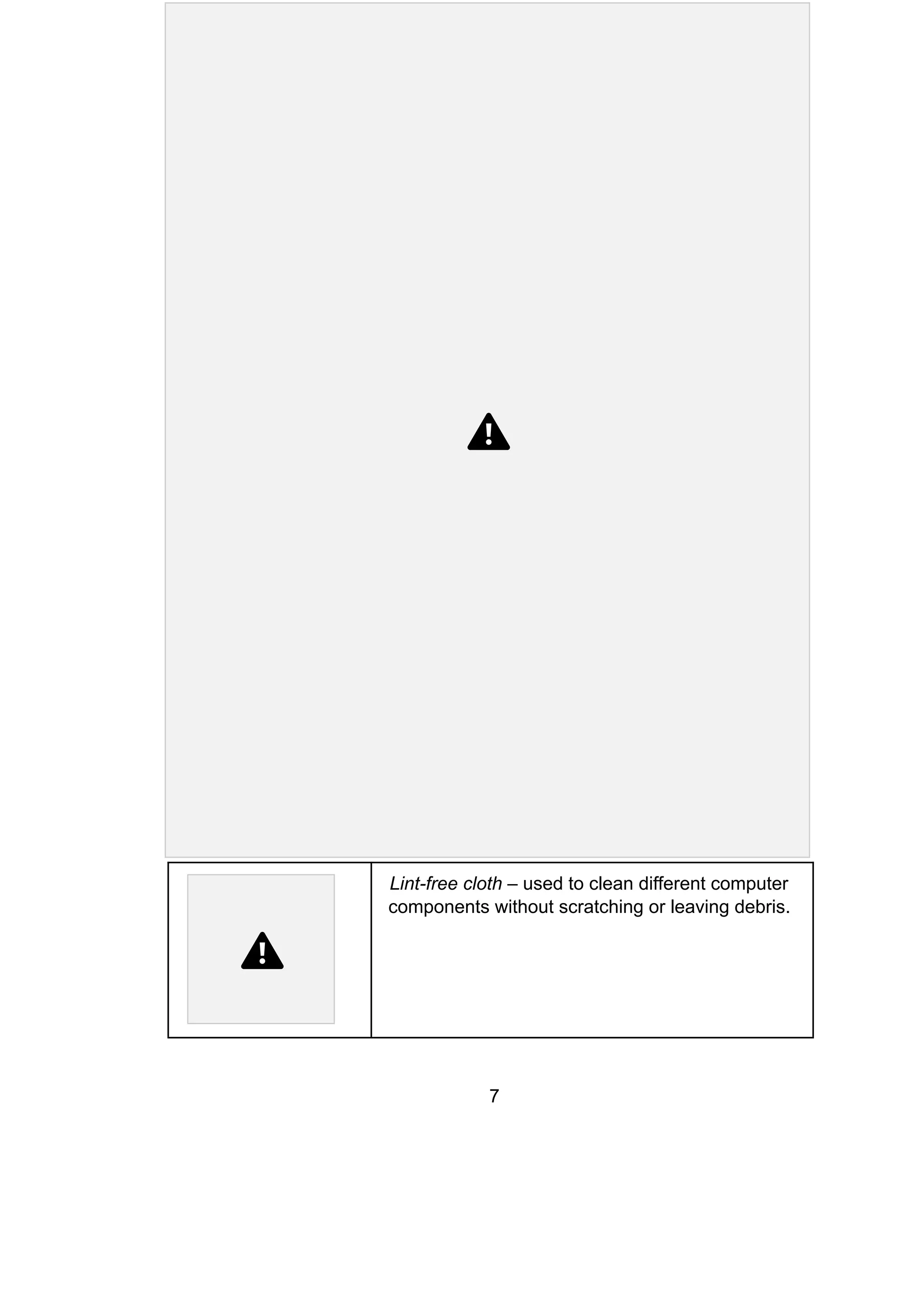 Lint-free cloth – used to clean different computer
components without scratching or leaving debris.
7
 