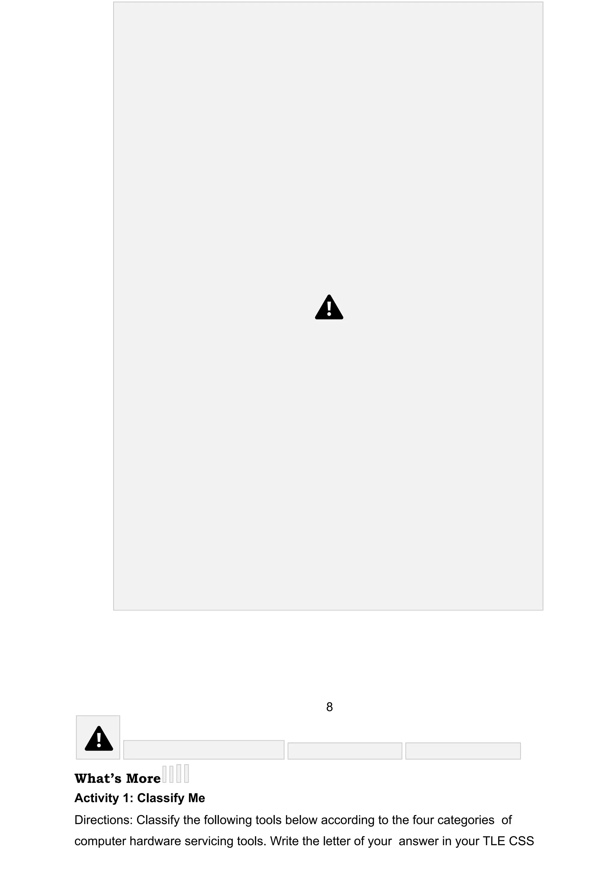 8
What’s More
Activity 1: Classify Me
Directions: Classify the following tools below according to the four categories of
computer hardware servicing tools. Write the letter of your answer in your TLE CSS
 