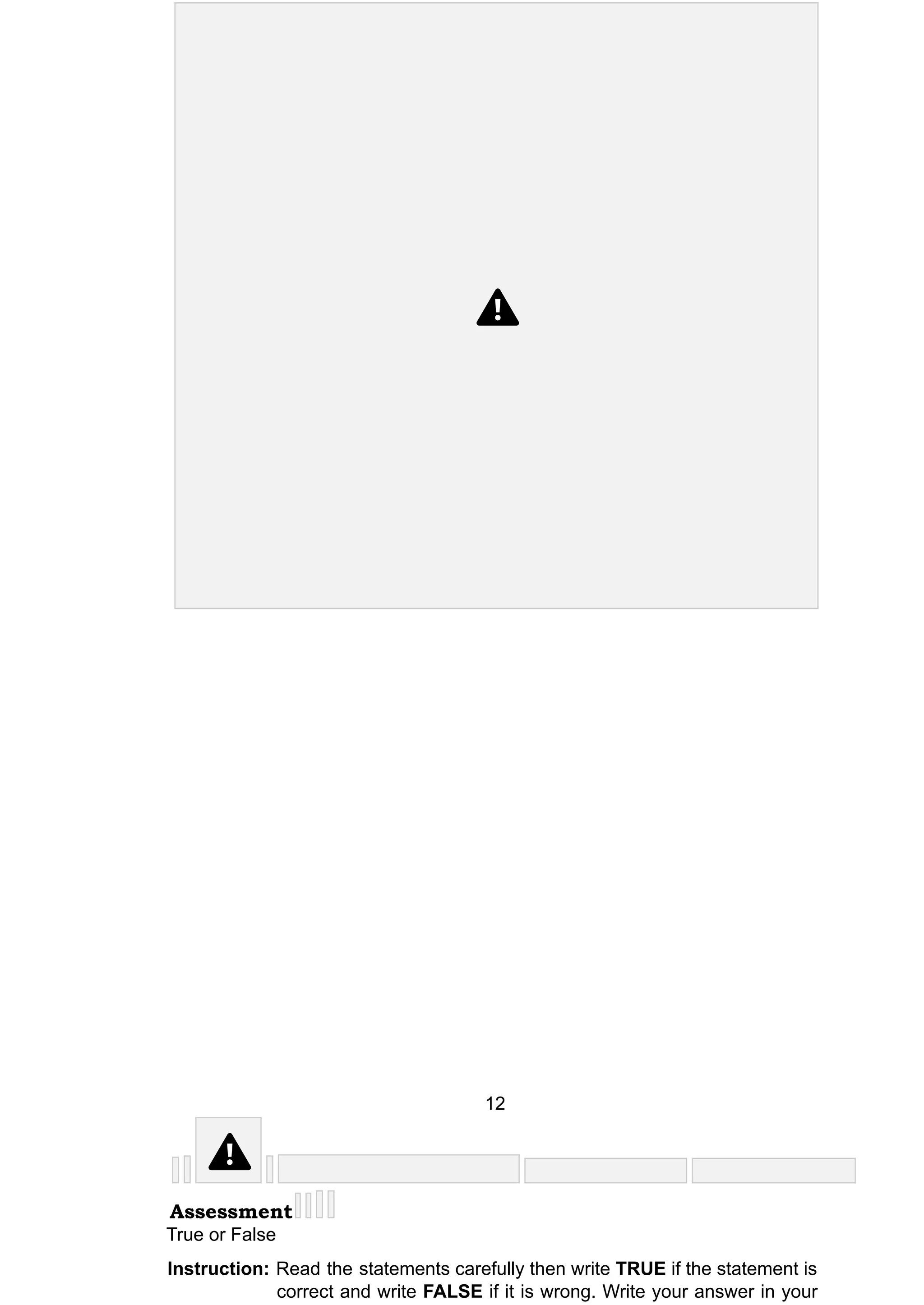 12
Assessment
True or False
Instruction: Read the statements carefully then write TRUE if the statement is
correct and write FALSE if it is wrong. Write your answer in your
 