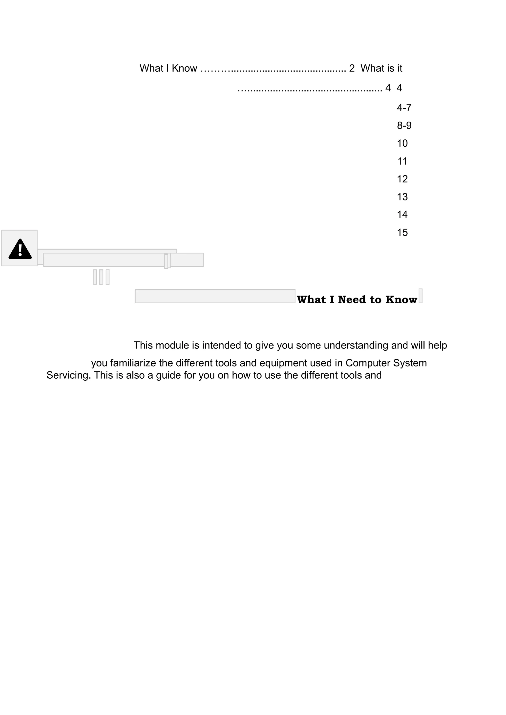 What I Know ………......................................... 2 What is it
…................................................ 4 4
4-7
8-9
10
11
12
13
14
15
What I Need to Know
This module is intended to give you some understanding and will help
you familiarize the different tools and equipment used in Computer System
Servicing. This is also a guide for you on how to use the different tools and
 