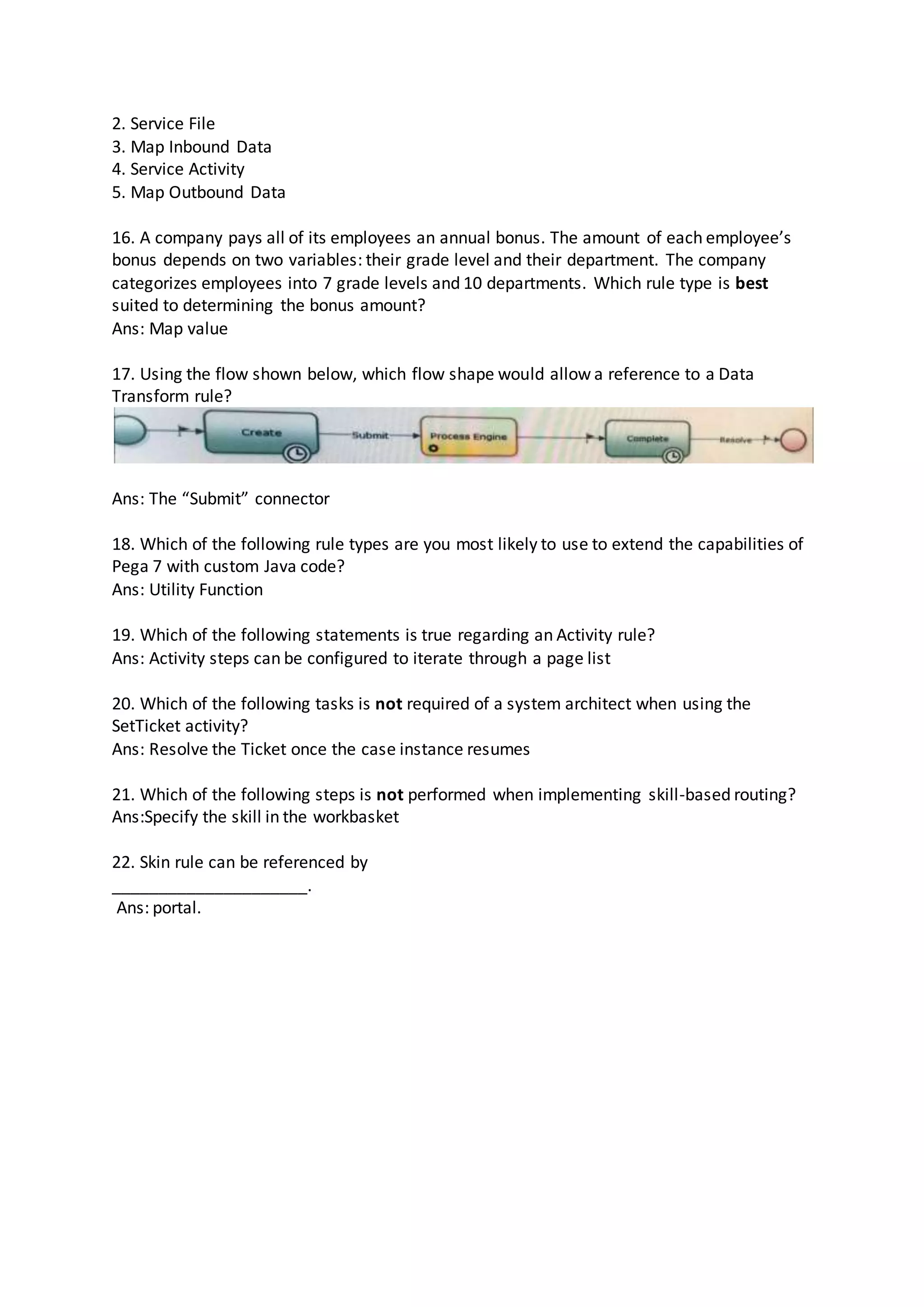 2. Service File
3. Map Inbound Data
4. Service Activity
5. Map Outbound Data
16. A company pays all of its employees an annual bonus. The amount of each employee’s
bonus depends on two variables: their grade level and their department. The company
categorizes employees into 7 grade levels and 10 departments. Which rule type is best
suited to determining the bonus amount?
Ans: Map value
17. Using the flow shown below, which flow shape would allow a reference to a Data
Transform rule?
Ans: The “Submit” connector
18. Which of the following rule types are you most likely to use to extend the capabilities of
Pega 7 with custom Java code?
Ans: Utility Function
19. Which of the following statements is true regarding an Activity rule?
Ans: Activity steps can be configured to iterate through a page list
20. Which of the following tasks is not required of a system architect when using the
SetTicket activity?
Ans: Resolve the Ticket once the case instance resumes
21. Which of the following steps is not performed when implementing skill-based routing?
Ans:Specify the skill in the workbasket
22. Skin rule can be referenced by
_____________________.
Ans: portal.
 