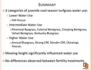 SUMMARY
3  categories  of  juvenile  cool  season  turfgrass  water  use:
Lower  Water  Use
Tall  Fescue
Intermediate  Water  Use
Perennial  Ryegrass,  Colonial  Bentgrass,  Creeping  Bentgrass,  
Velvet  Bentgrass,  Kentucky  Bluegrass
Higher  Water  Use
Annual  Bluegrass,  Strong  CRF,  Slender  CRF,  Chewings  
Fescue,
Mowing  height  significantly  influenced  water  use
No  differences  observed  between  fertility  treatments
 