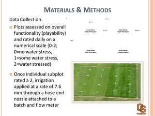 Low  Mow
High  Nitrogen
High  Mow
High  Nitrogen
Low  Mow
Low  Nitrogen
High  Mow
LowNitrogen
3.6  m
3.6  m
0.9  m
0.9  m 0.45  m
MATERIALS &  METHODS
Data  Collection:
Plots  assessed  on  overall  
functionality  (playability)  
and  rated  daily  on  a  
numerical  scale  (0-­‐2;  
0=no  water  stress,  
1=some  water  stress,  
2=water  stressed)
Once  individual  subplot    
rated  a  2,  irrigation  
applied  at  a  rate  of  7.6  
mm  through  a  hose  end  
nozzle  attached  to  a  
batch  and  flow  meter
 