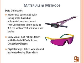 MATERIALS &  METHODS
Data  Collection:
Water  use  correlated  with  
rating  scale  based  on  
volumetric  water  content  
(VWC)  readings  taken  daily  at  
3.8  cm  with  a  TDR  soil  moisture  
probe
Daily  visual  turf  ratings  taken  
with  Underhill  Early  Stress  
Detection  Glasses
Digital  images  taken  weekly  and  
evaluated  using  SigmaScan  
 