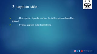 @neelotpal.dey
3. caption-side
 - Description: Specifies where the table caption should be
placed
 - Syntax: caption-side: top|bottom;
 
