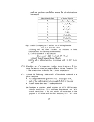 used and maximum parallelism among the microinstructions
           is achieved.

                         Microinstructions           Control signals
                                I1                C1 , C2 , C3 , C4 , C5 , C6 ,
                                 I2                    C1 , C3 , C4C6 ,
                                 I3                      C2 , C5 , C6 ,
                                 I4                      C4 , C5 , C8 ,
                                 I5                        C7 , C8 ,
                                 I6                      C1 , C8 , C9 ,
                                 I7                      C3 , C4 , C8 ,
                                 I8                      C1 , C2 , C9 ,

     (b) A certain four-input gate G realizes the switching function
                             G(a, b, c, d) = abc + bcd.
         Assuming that the input variables are available in both
         complemented and uncomplemented forms:
         (i) Show a realization of the function
                      f(u, v, w, x) =  (0, 1, 6, 9, 10, 11, 14, 15)
             with only three G gates and one OR gate.
         (ii) Can all switching functions be realized with {G, OR} logic
             set?

C10. Consider a set of n temperature readings stored in an array T. As-
     sume that a temperature is represented by an integer. Design an O(n
     + k log n) algorithm for finding the k coldest temperatures.

C11. Assume the following characteristics of instruction execution in a
     given computer:
      ALU/register transfer operations need 1 clock cycle each,
      each of the load/store instructions needs 3 clock cycles, and
      branch instructions need 2 clock cycles each.

      (a) Consider a program which consists of 40% ALU/register
          transfer instructions, 30% load/store instructions, and 30%
          branch instructions. If the total number of instructions in this
          program is 10 billion and the clock frequency is 1 GHz, then

                                      25
 
