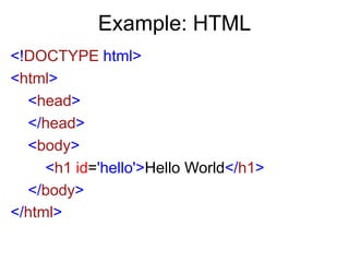 Example: HTML
<!DOCTYPE html>
<html>
  <head>
  </head>
  <body>
     <h1 id='hello'>Hello World</h1>
  </body>
</html>
 