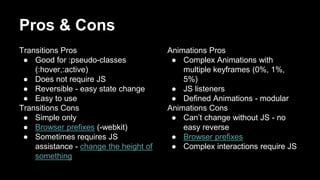 Pros & Cons
Transitions Pros
● Good for :pseudo-classes
(:hover,:active)
● Does not require JS
● Reversible - easy state change
● Easy to use
Transitions Cons
● Simple only
● Browser prefixes (-webkit)
● Sometimes requires JS
assistance - change the height of
something
Animations Pros
● Complex Animations with
multiple keyframes (0%, 1%,
5%)
● JS listeners
● Defined Animations - modular
Animations Cons
● Can’t change without JS - no
easy reverse
● Browser prefixes
● Complex interactions require JS
 