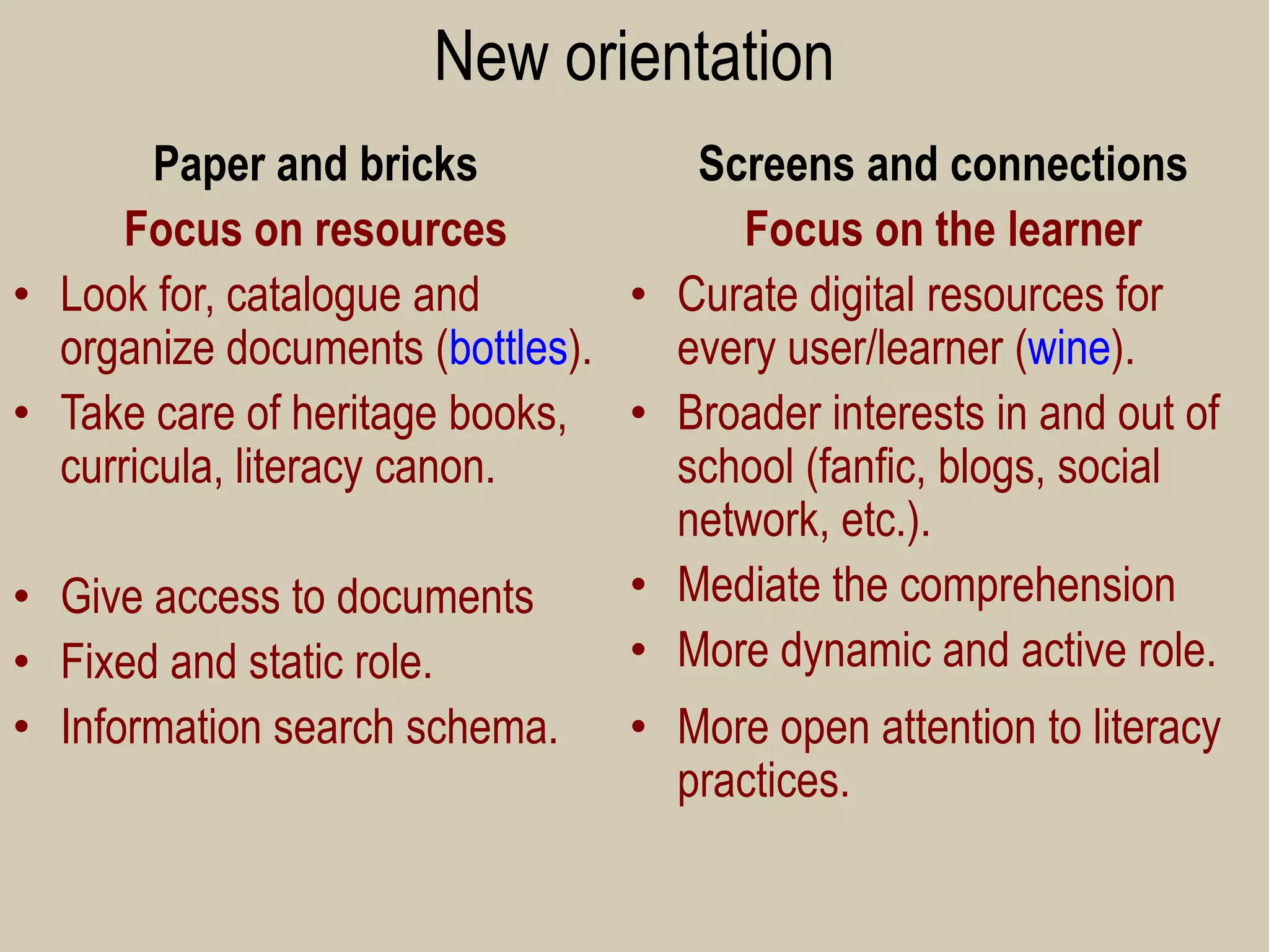 New orientation 
Paper and bricks 
Focus on resources 
•Look for, catalogue and organize documents (bottles). 
•Take care of heritage books, curricula, literacy canon. 
•Give access to documents 
•Fixed and static role. 
•Information search schema. 
Screens and connections 
Focus on the learner 
•Curate digital resources for every user/learner (wine). 
•Broader interests in and out of school (fanfic, blogs, social network, etc.). 
•Mediate the comprehension 
•More dynamic and active role. 
•More open attention to literacy practices.  
