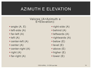 Valores (A=Azimuth e
E=Elevation):
 angle (A, E)
 left-side (A)
 far-left (A)
 left (A)
 center-left (A)
 center (A)
 center-right (A)
 right (A)
 far-right (A)
 right-side (A)
 behind (A)
 leftwards (A)
 rightwards (A)
 below (E)
 level (E)
 above (E)
 higher (E)
 lower (E)
AZIMUTH E ELEVATION
CSS AURAL - O CSS que fala 14
 