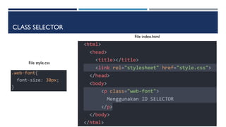 CLASS SELECTOR
File style.css
File index.html
 