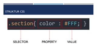 STRUKTUR CSS
SELECTOR PROPERTY VALUE
 