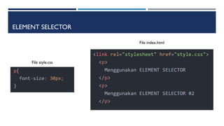 ELEMENT SELECTOR
File style.css
File index.html
 