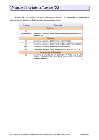 Unidades de medida válidas em CSS
Existem três conjuntos de unidades de medidas disponíveis em CSS: as relativas, as absolutas e as
dependentes dos dispositivos. Estas unidades são descritas a seguir:
Unidade Descrição
Relativas
em
porcentagem Determina o tamanho de um elemento em relação ao tamanho do
elemento pai.
Absolutas
cm Especifica o tamanho do elemento em centímetros
in Especifica o tamanho do elemento em polegadas ( 1in = 2,54cm )
mm Especifica o tamanho do elemento em milímetros
pt Especifica o tamanho de um elemento em pontos (1pt = 1/72 in )
Dependentes do Dispositivo
px Especifica o tamanho de um elemento em Pixels, que é uma
unidade dependente da resolução da janela onde o elemento
está sendo exibido.
Prof. Luís Rodrigo de Oliveira Gonçalves – luisrodrigoog@yahoo.com.br – http://www.lrodrigo.cjb.net Página 22 de 32
 