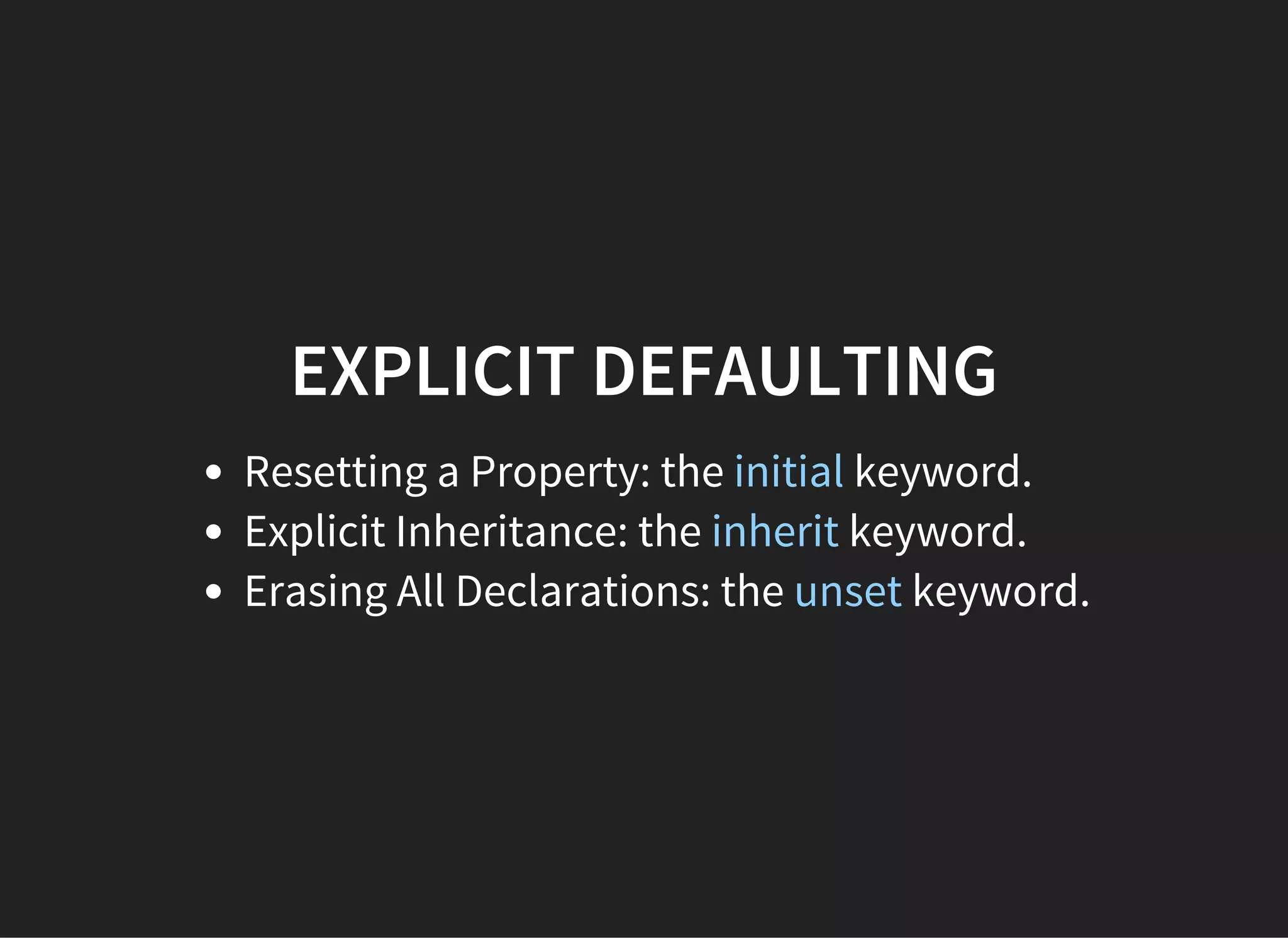 CALCULATION
Collecting all the declared values applied to an element.
Cascading yields the cascaded value.
Defaulting yields the specified value.
Resolving value dependencies yields the computed value.
Formatting the document yields the used value.
Transforming to the actual value based on constraints of
the display environment.
 
