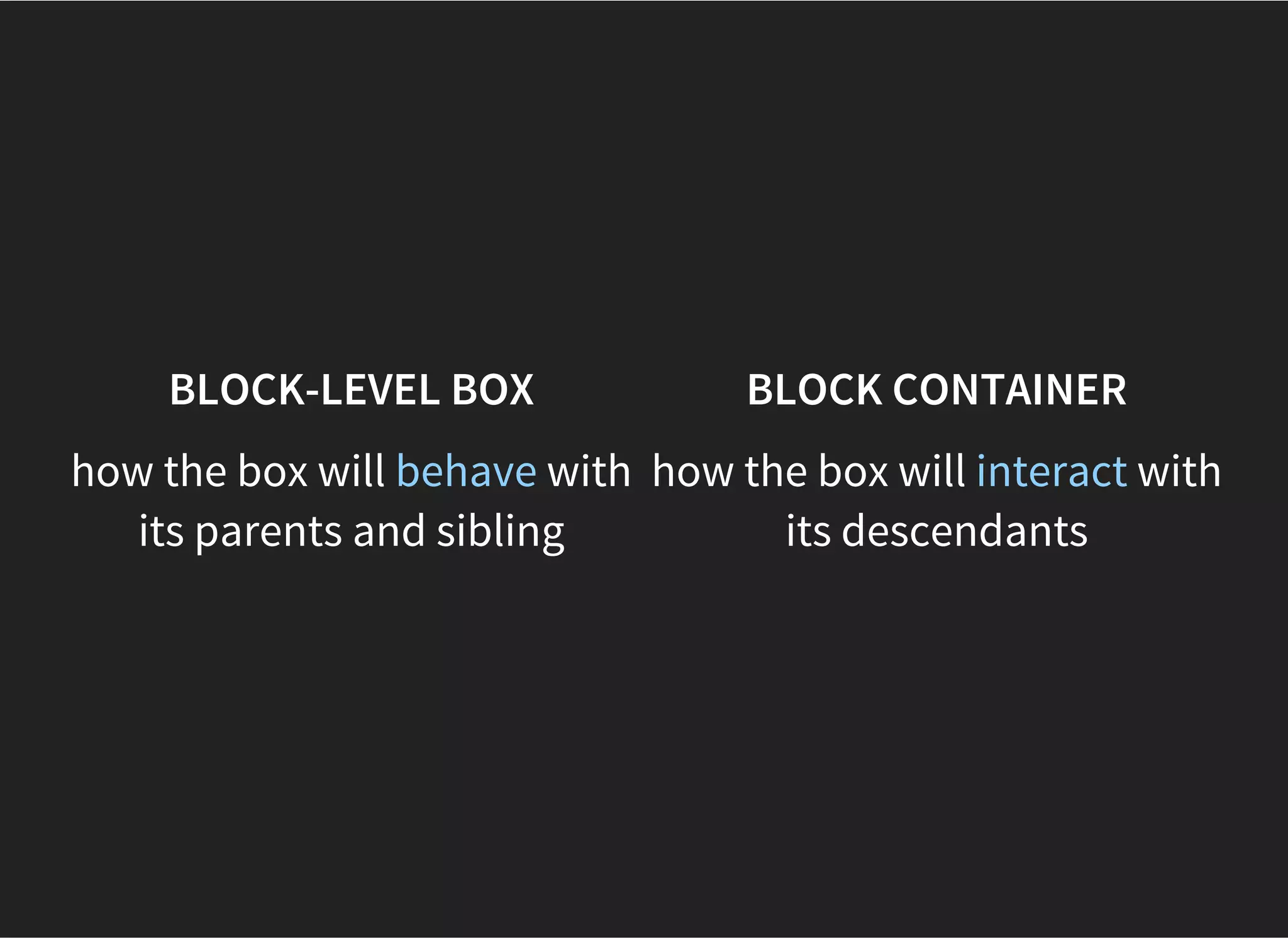 BLOCK-LEVEL ELEMENTS AND
BLOCK BOXES
Visually formatted as a block.
Intended to be vertically stacked.
display: block, list-item, table.
 