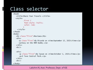 Class selector
Lakshmi R, Asst. Professor, Dept. of ISE
 