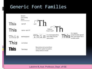 Generic Font Families
Lakshmi R, Asst. Professor, Dept. of ISE
 
