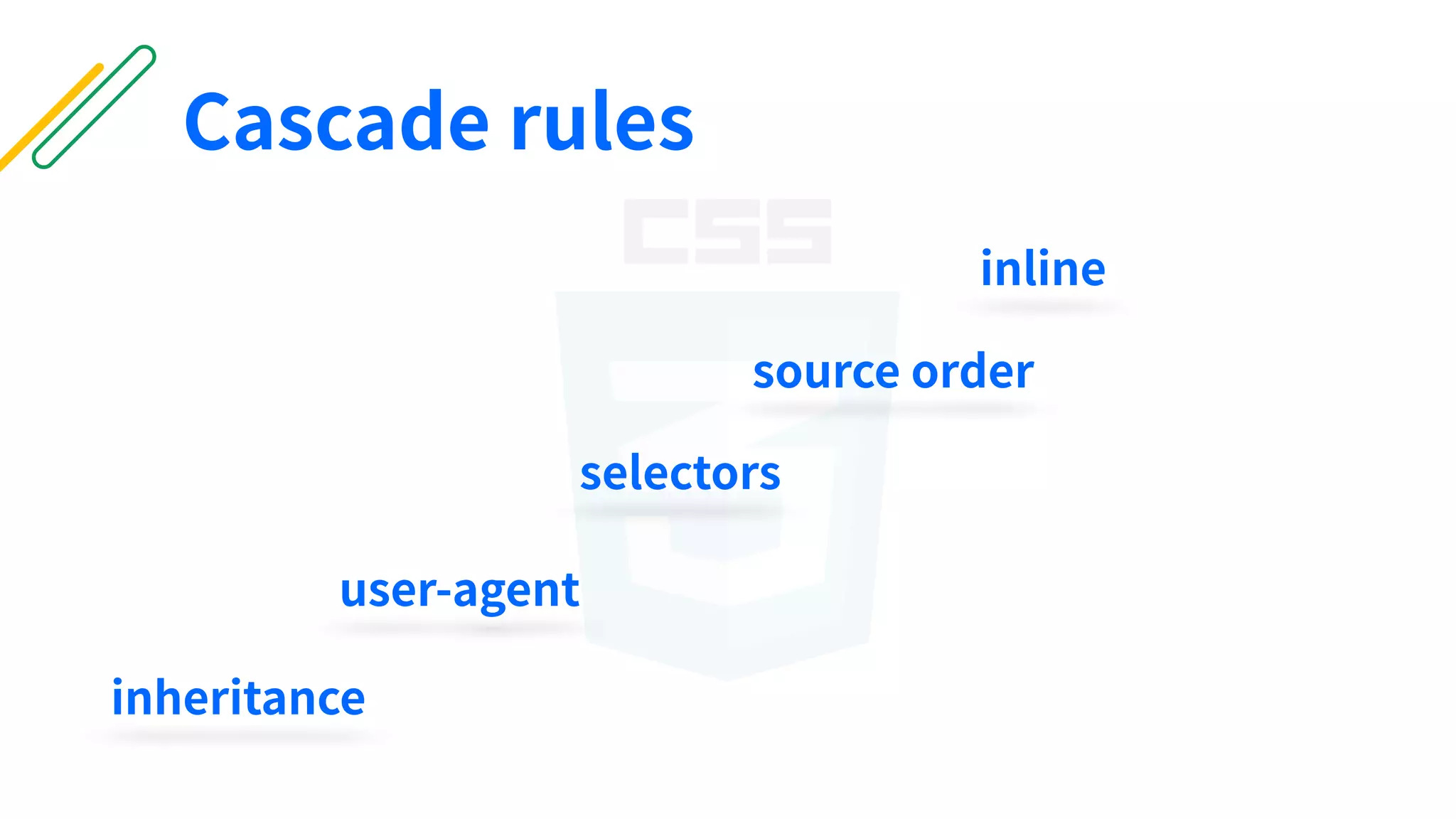user-agent
inline
selectors
source order
inheritance
Cascade rules
 