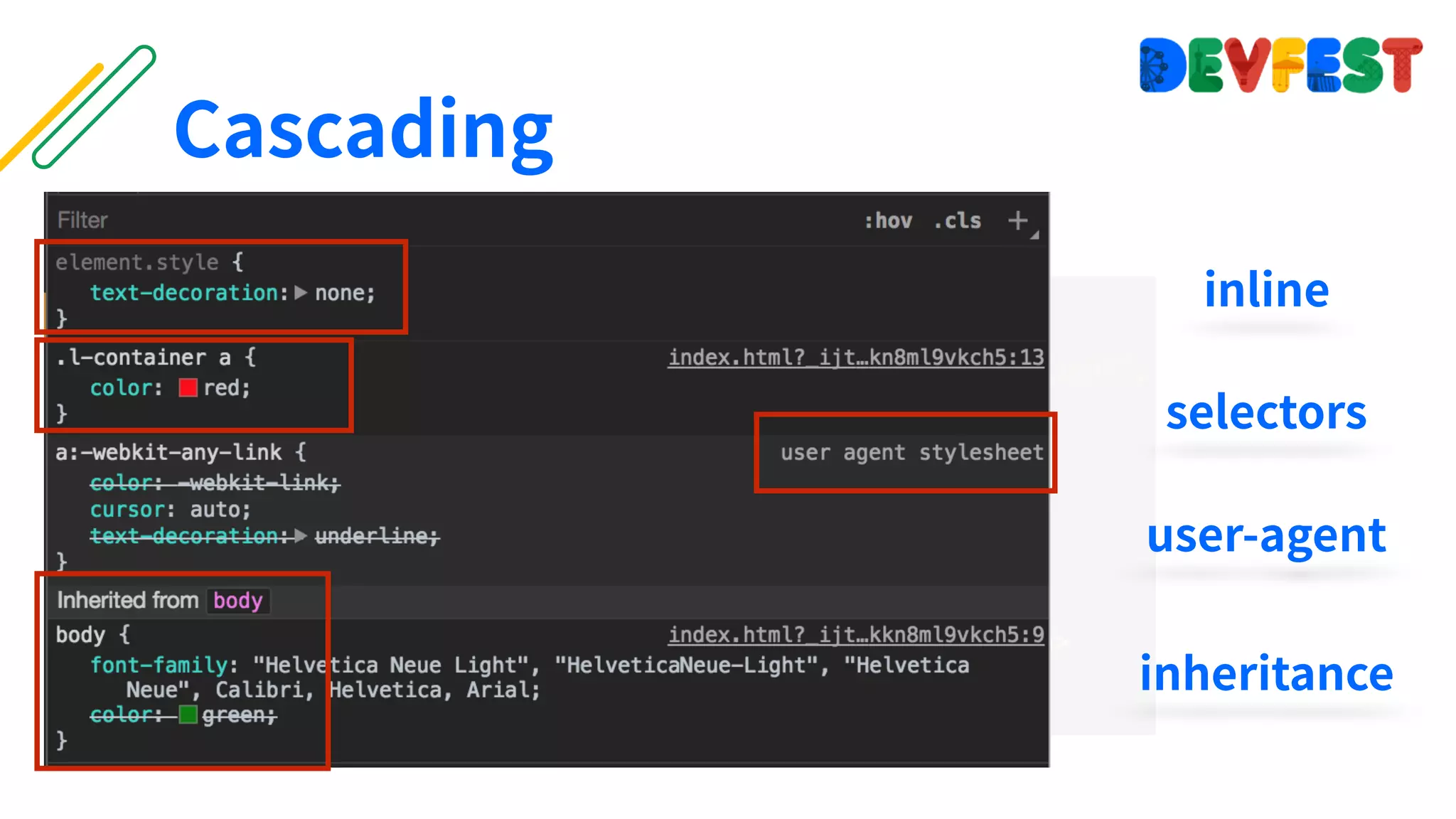 Cascading
user-agent
inline
selectors
inheritance
 