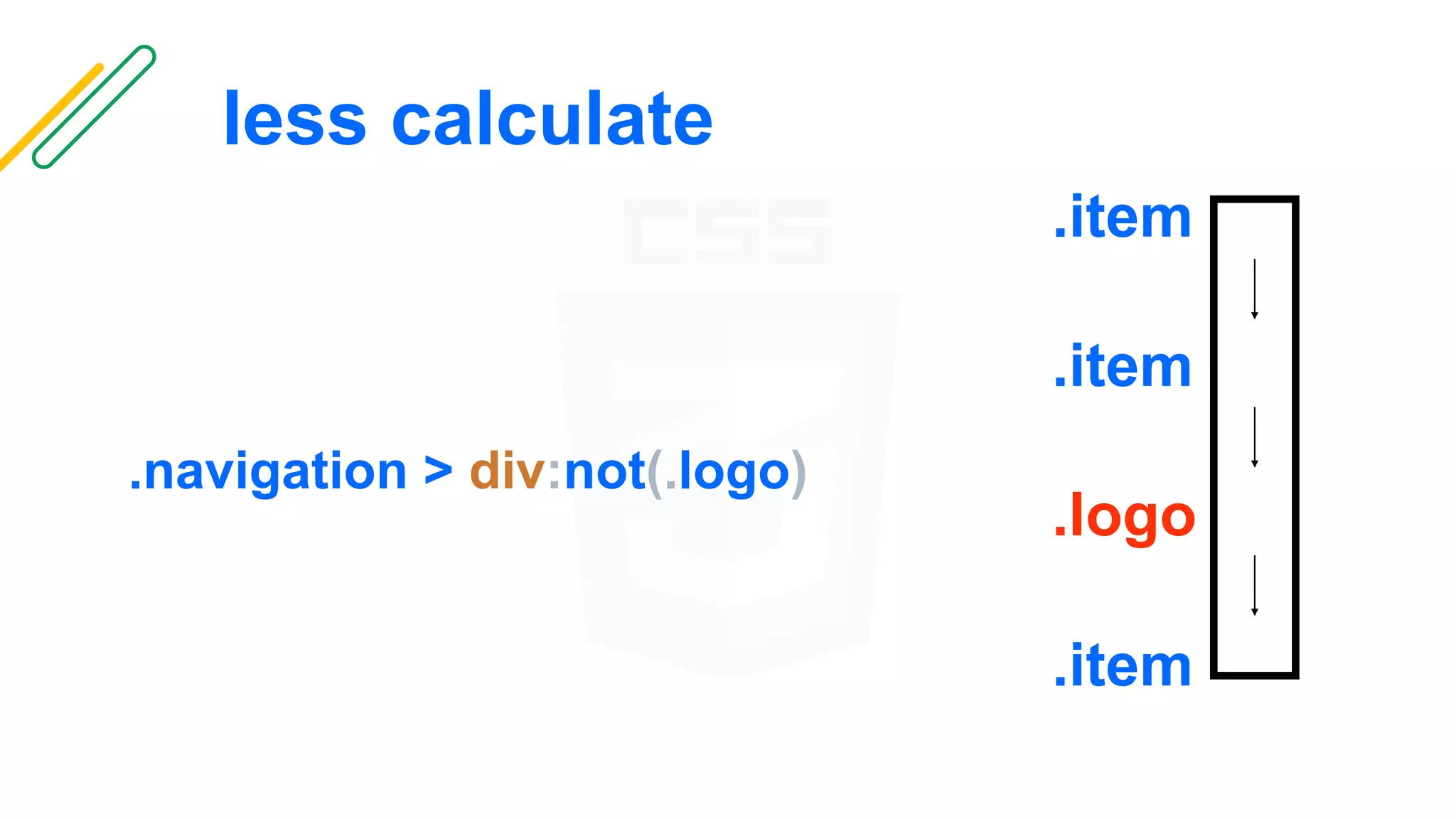 less calculate
.item
.item
.logo
.navigation > div:not(.logo)
.item
 