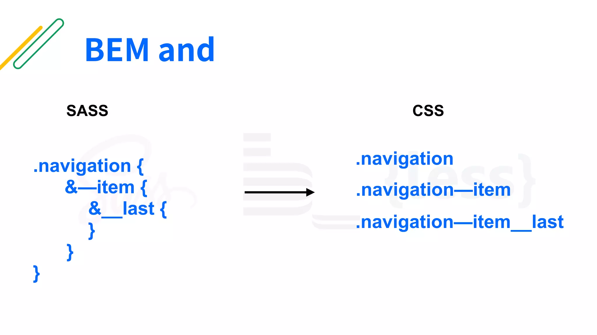 BEM and
.navigation {
&—item {
&__last {
}
}
}
.navigation
.navigation—item
.navigation—item__last
SASS CSS
 