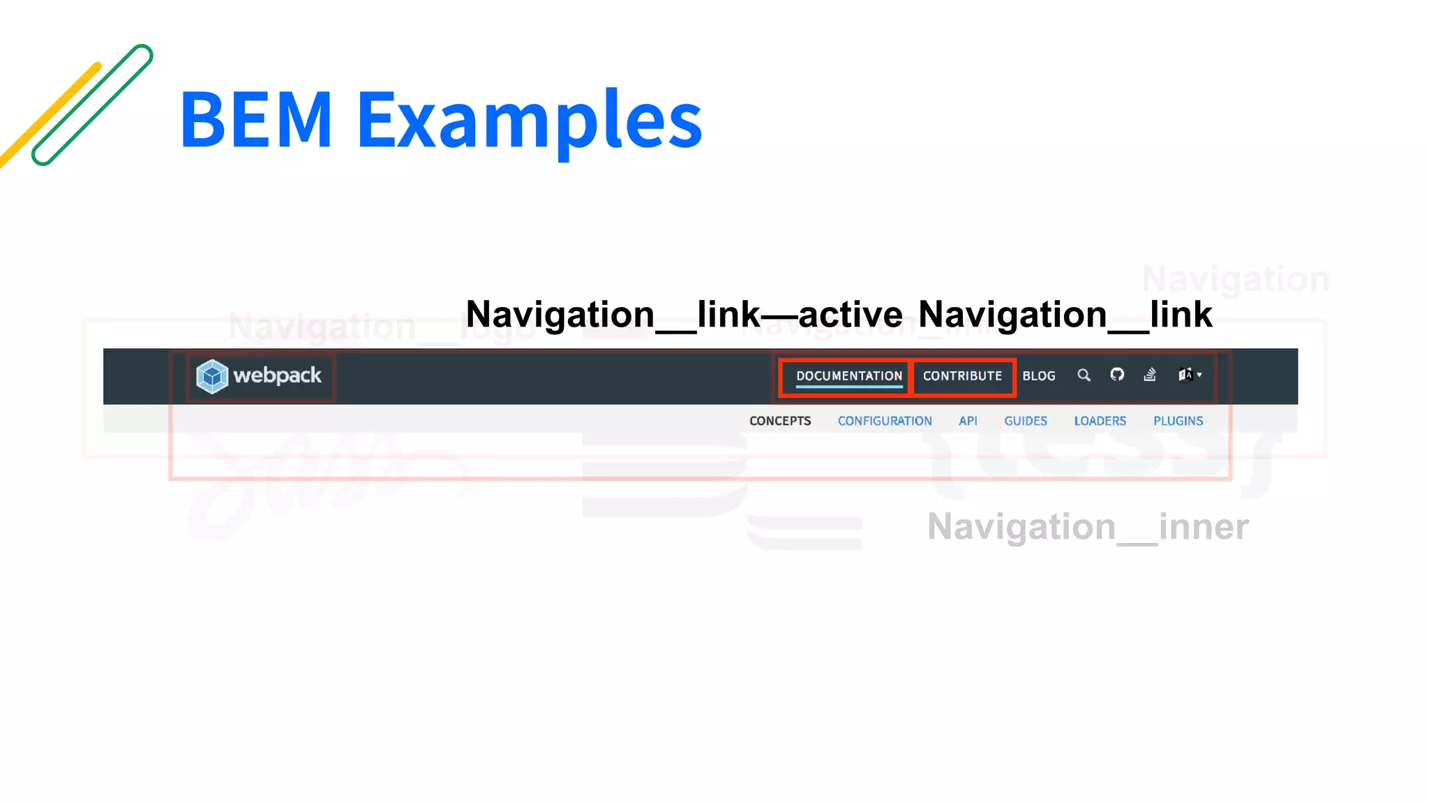 BEM Examples
Navigation
Navigation__inner
Navigation__logo Navigation__linksNavigation__link—active Navigation__link
 