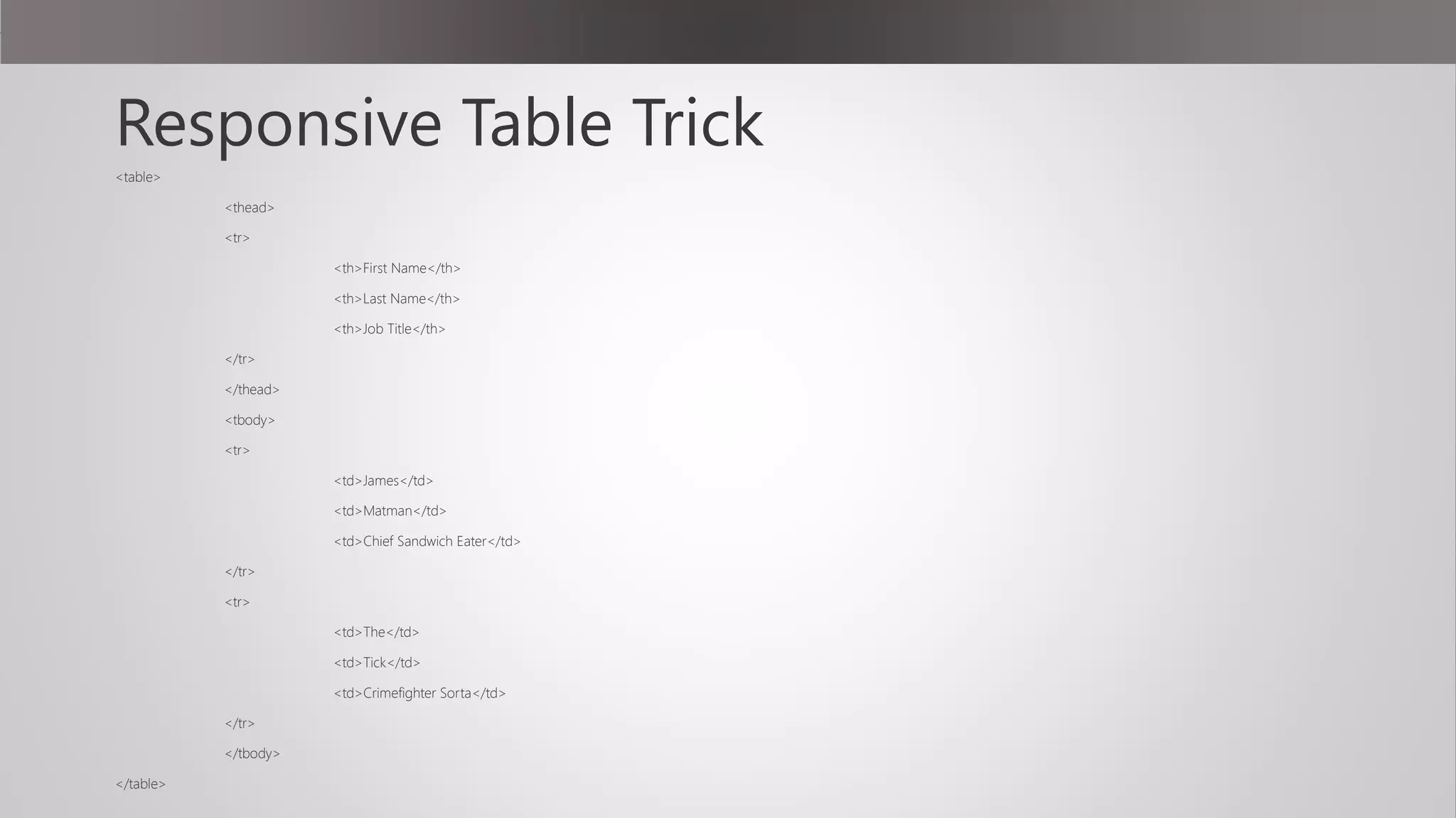 Responsive Table Trick
<table>
<thead>
<tr>
<th>First Name</th>
<th>Last Name</th>
<th>Job Title</th>
</tr>
</thead>
<tbody>
<tr>
<td>James</td>
<td>Matman</td>
<td>Chief Sandwich Eater</td>
</tr>
<tr>
<td>The</td>
<td>Tick</td>
<td>Crimefighter Sorta</td>
</tr>
</tbody>
</table>
 