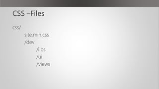 CSS –Files
css/
site.min.css
/dev
/libs
/ui
/views
 