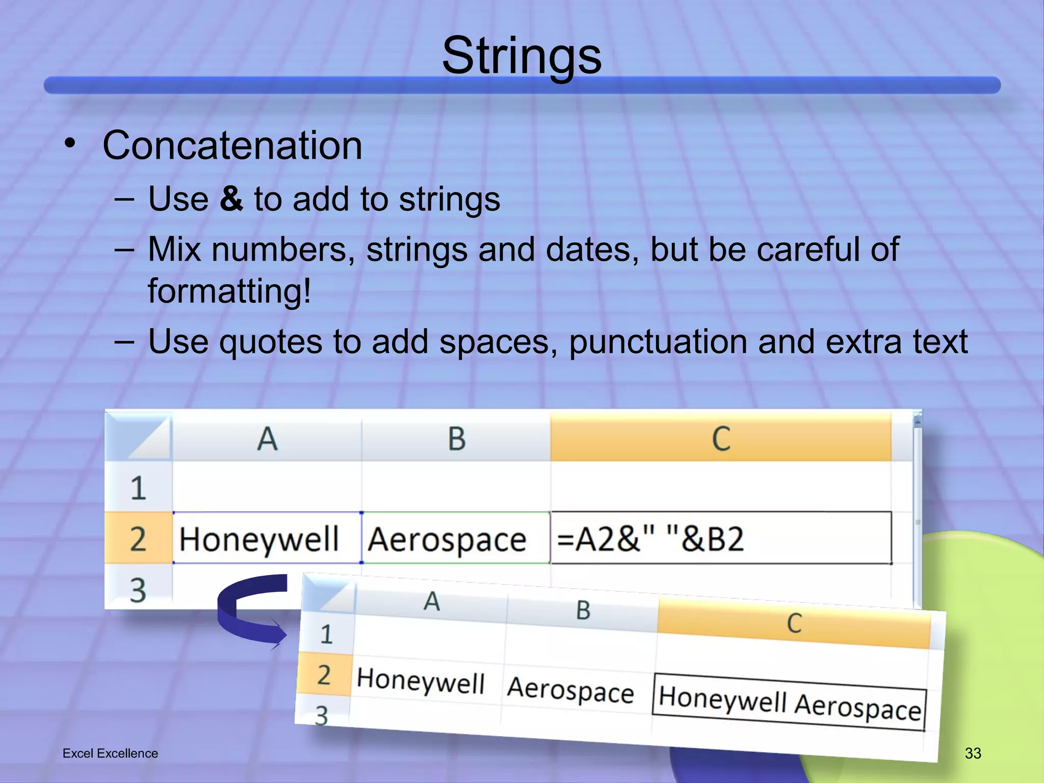 Strings 
• Concatenation 
– Use & to add to strings 
– Mix numbers, strings and dates, but be careful of 
formatting! 
– Use quotes to add spaces, punctuation and extra text 
Excel Excellence 33 
 