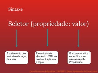 Sintaxe Seletor {propriedade: valor} É o elemento que  será alvo da regra de estilo. É o atributo do  elemento HTML ao  qual será aplicada  a regra. É a característica  específica a ser  assumida pela  Propriedade. 