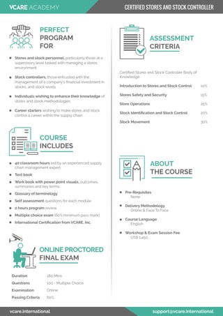 Certiﬁed Stores and Stock Controller Body of
Knowledge
Introduction to Stores and Stock Control 10%
Stores Safety and Security 15%
Store Operations 25%
Stock Identiﬁcation and Stock Control 20%
Stock Movement 30%
ASSESSMENT
CRITERIA
Duration 180 Mins
Questions 100 - Multiple Choice
Examination Online
Passing Criteria 60%
ONLINE PROCTORED
FINAL EXAM
Stores and stock personnel, particularly those at a
supervisory level tasked with managing a stores
environment
Stock controllers, those entrusted with the
management of a company’s ﬁnancial investment in
stocks, and stock levels
Individuals wishing to enhance their knowledge of
stores and stock methodologies
Career starters wishing to make stores and stock
control a career within the supply chain
PERFECT
PROGRAM
FOR
40 classroom hours led by an experienced supply
chain management expert.
Text book
Work book with power point visuals, outcomes,
summaries and key terms
Glossary of terminology
Self assessment questions for each module
2 hours program review.
Multiple choice exam (60% minimum pass mark)
International Certiﬁcation from VCARE, Inc.
COURSE
INCLUDES
ABOUT
THE COURSE
Pre-Requisites
None
Delivery Methodology
Online & Face To Face
Course Language
English
Workshop & Exam Session Fee
US$ 1,450
vcare.international support@vcare.international
CERTIFIED STORES AND STOCK CONTROLLER
 