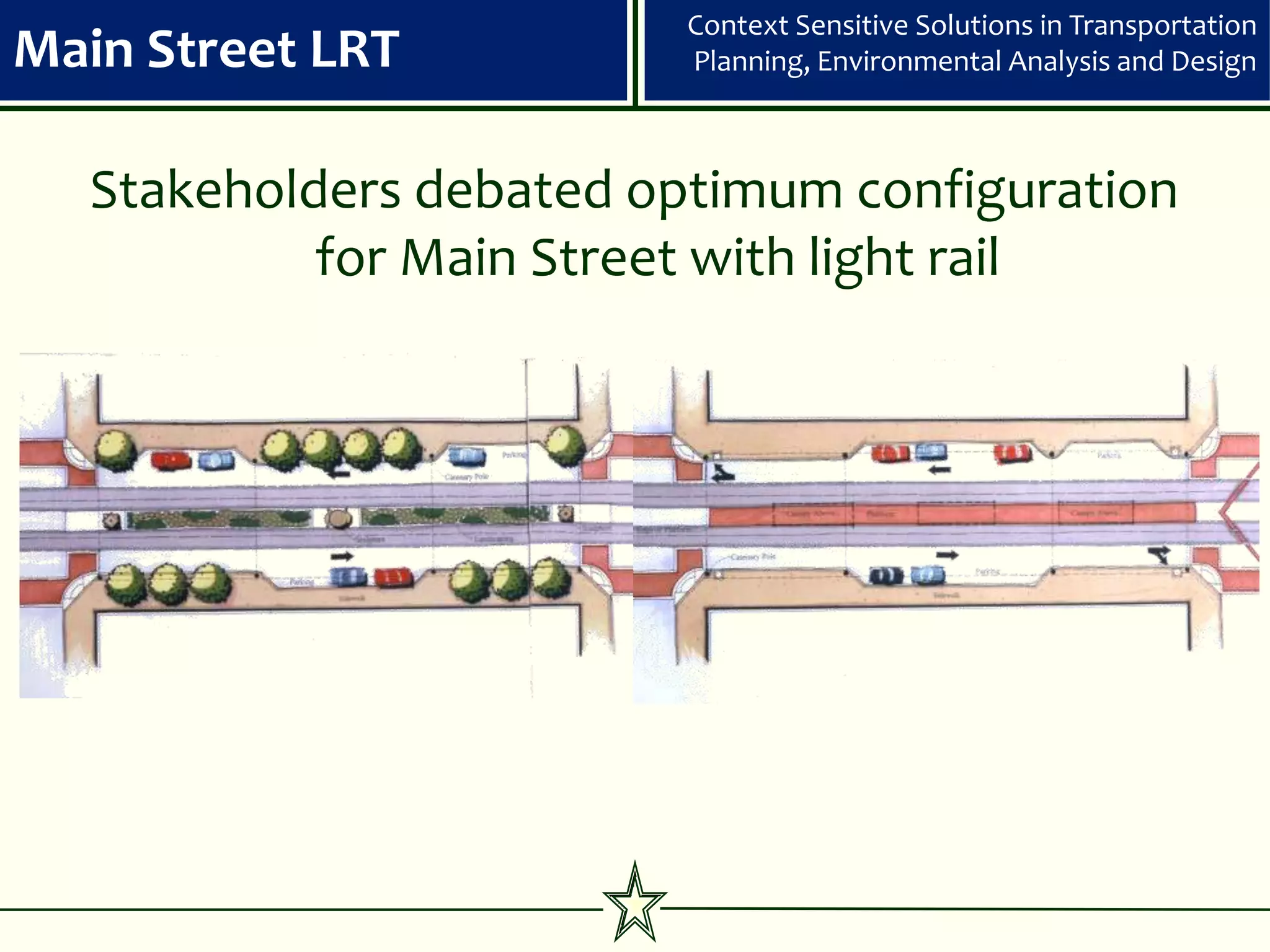 Context Sensitive Solutions in Transportation
Main Street LRT          Planning, Environmental Analysis and Design



  Stakeholders debated optimum configuration
           for Main Street with light rail
 