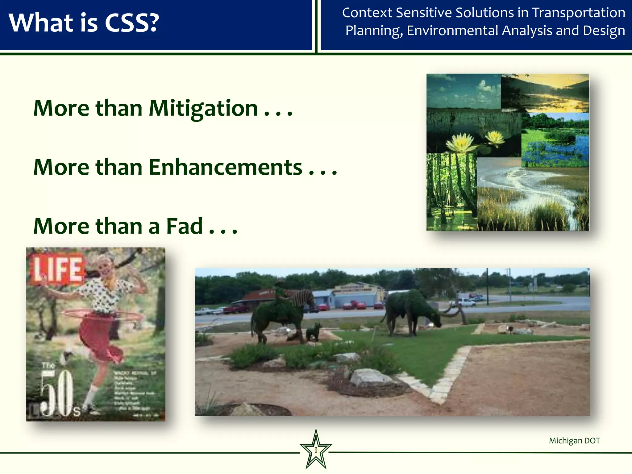Context Sensitive Solutions in Transportation
What is CSS?                      Planning, Environmental Analysis and Design




 More than Mitigation . . .

 More than Enhancements . . .

 More than a Fad . . .




                                                                  Michigan DOT
                              6
 