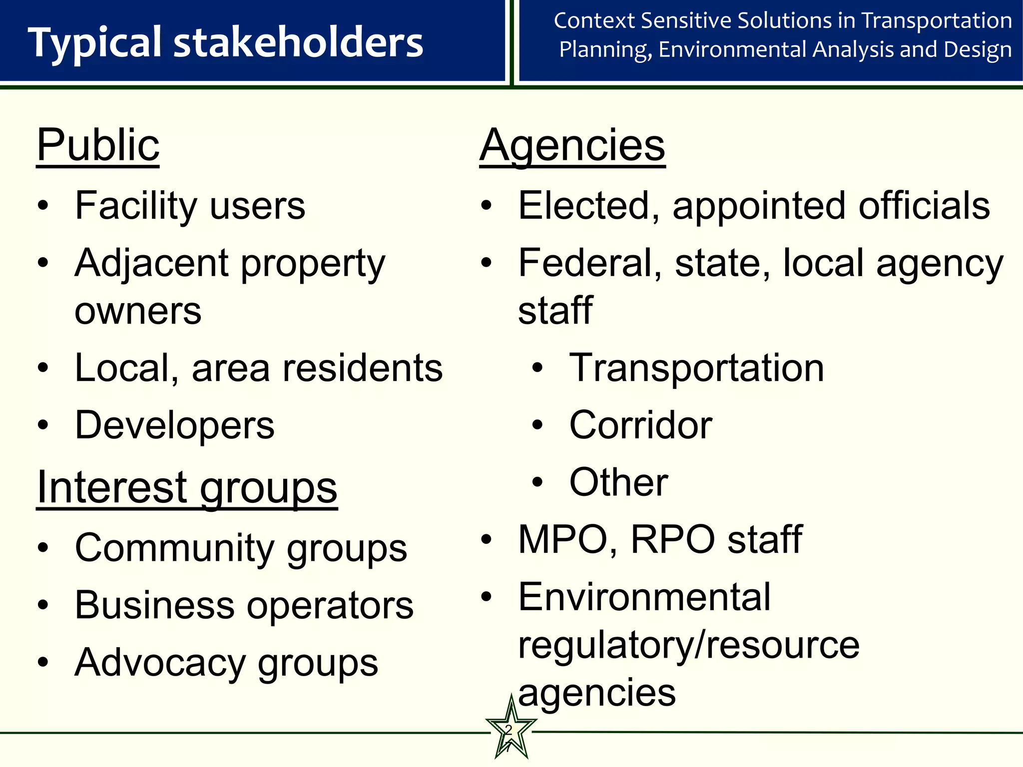 Context Sensitive Solutions in Transportation
Typical stakeholders          Planning, Environmental Analysis and Design



Public                  Agencies
• Facility users        • Elected, appointed officials
• Adjacent property     • Federal, state, local agency
  owners                  staff
• Local, area residents    • Transportation
• Developers               • Corridor
Interest groups            • Other
• Community groups      • MPO, RPO staff
• Business operators    • Environmental
• Advocacy groups         regulatory/resource
                          agencies
                          2
                          7
 