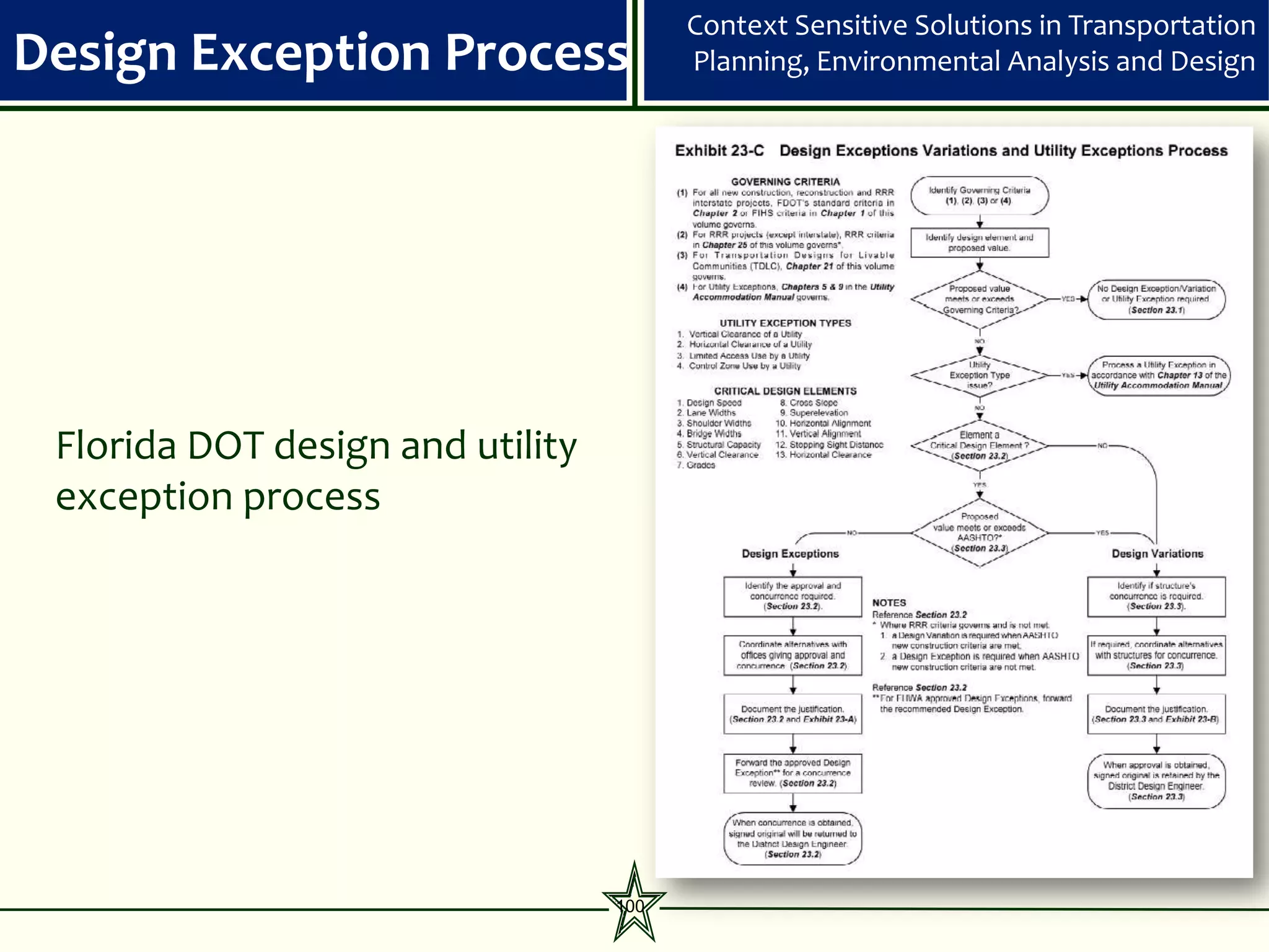 Context Sensitive Solutions in Transportation
Design Exception Process                Planning, Environmental Analysis and Design




 Florida DOT design and utility
 exception process




                                  100
 