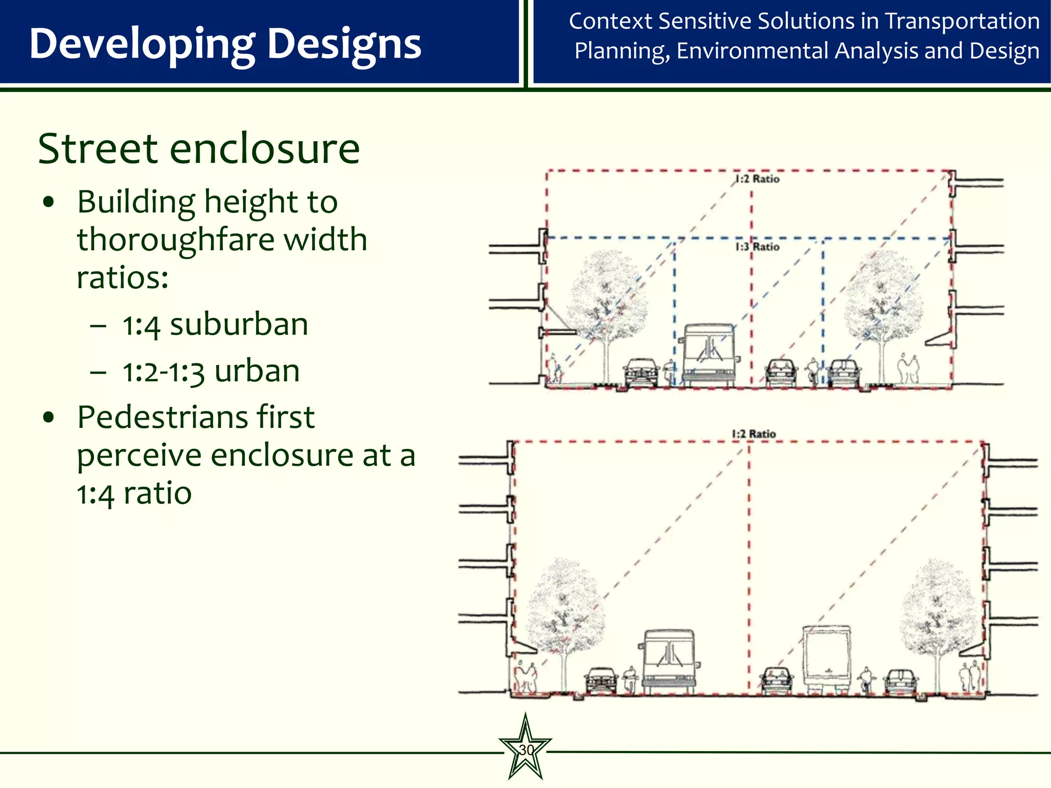 Context Sensitive Solutions in Transportation
Developing Designs               Planning, Environmental Analysis and Design



Street enclosure
• Building height to
  thoroughfare width
  ratios:
   – 1:4 suburban
   – 1:2-1:3 urban
• Pedestrians first
  perceive enclosure at a
  1:4 ratio




                            30
 