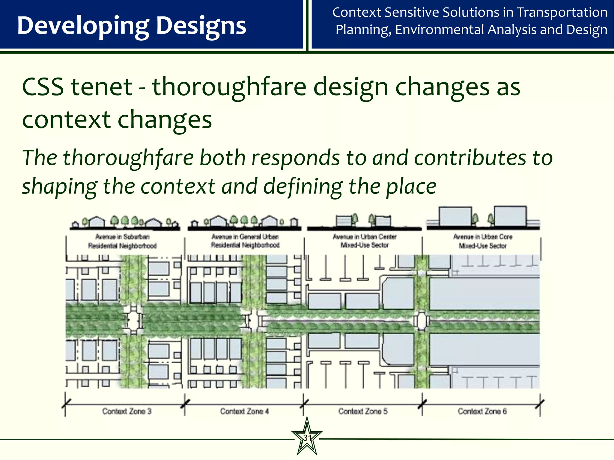Context Sensitive Solutions in Transportation
Developing Designs              Planning, Environmental Analysis and Design



CSS tenet - thoroughfare design changes as
context changes
The thoroughfare both responds to and contributes to
shaping the context and defining the place




                           31
 