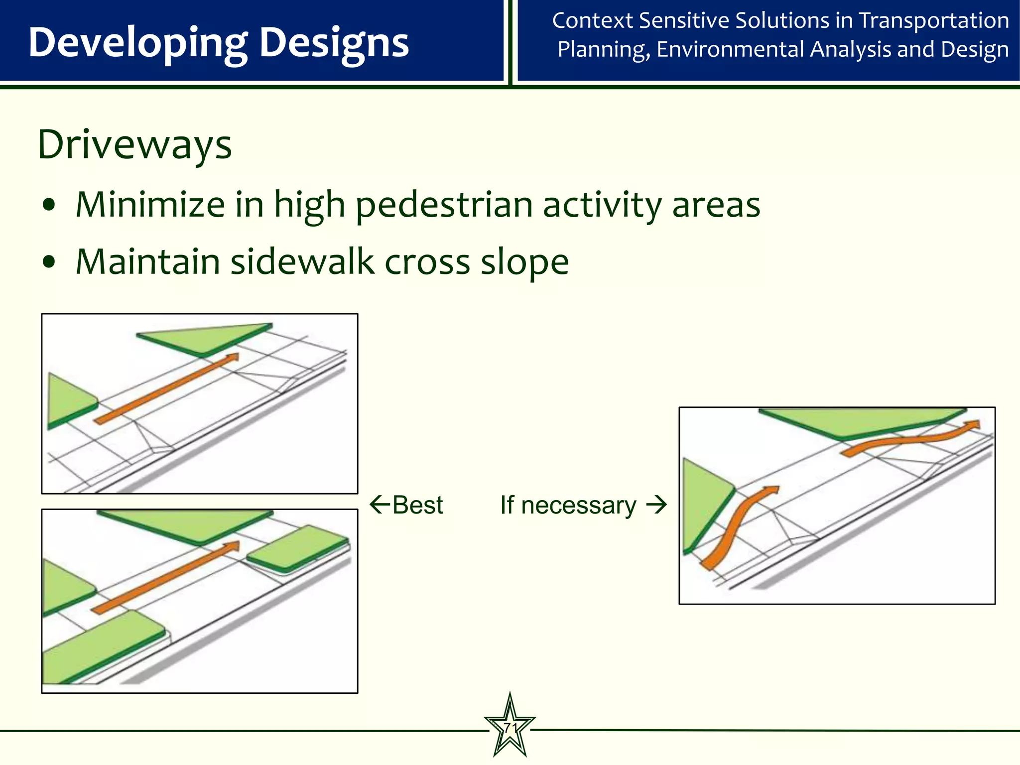 Context Sensitive Solutions in Transportation
Developing Designs               Planning, Environmental Analysis and Design



Driveways
• Minimize in high pedestrian activity areas
• Maintain sidewalk cross slope




                    Best   If necessary 




                            71
 